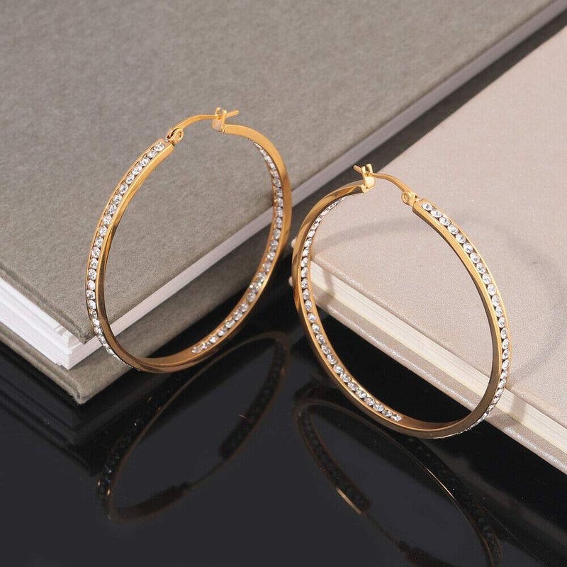CiNily Gold Hoop Earrings for Women Yellow Gold Plated Stainless Steel Cubic Zirconia Ladies Large Big Hoop Earrings 2" - Image 3